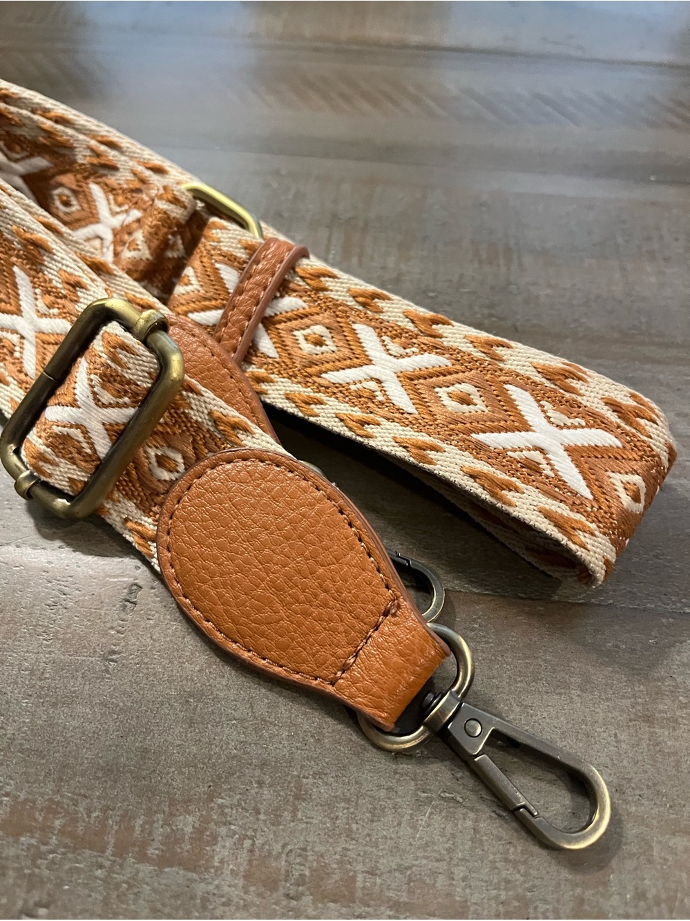 Tan Patterned Adjustable Crossbody/Guitar Strap with Brass Hardware